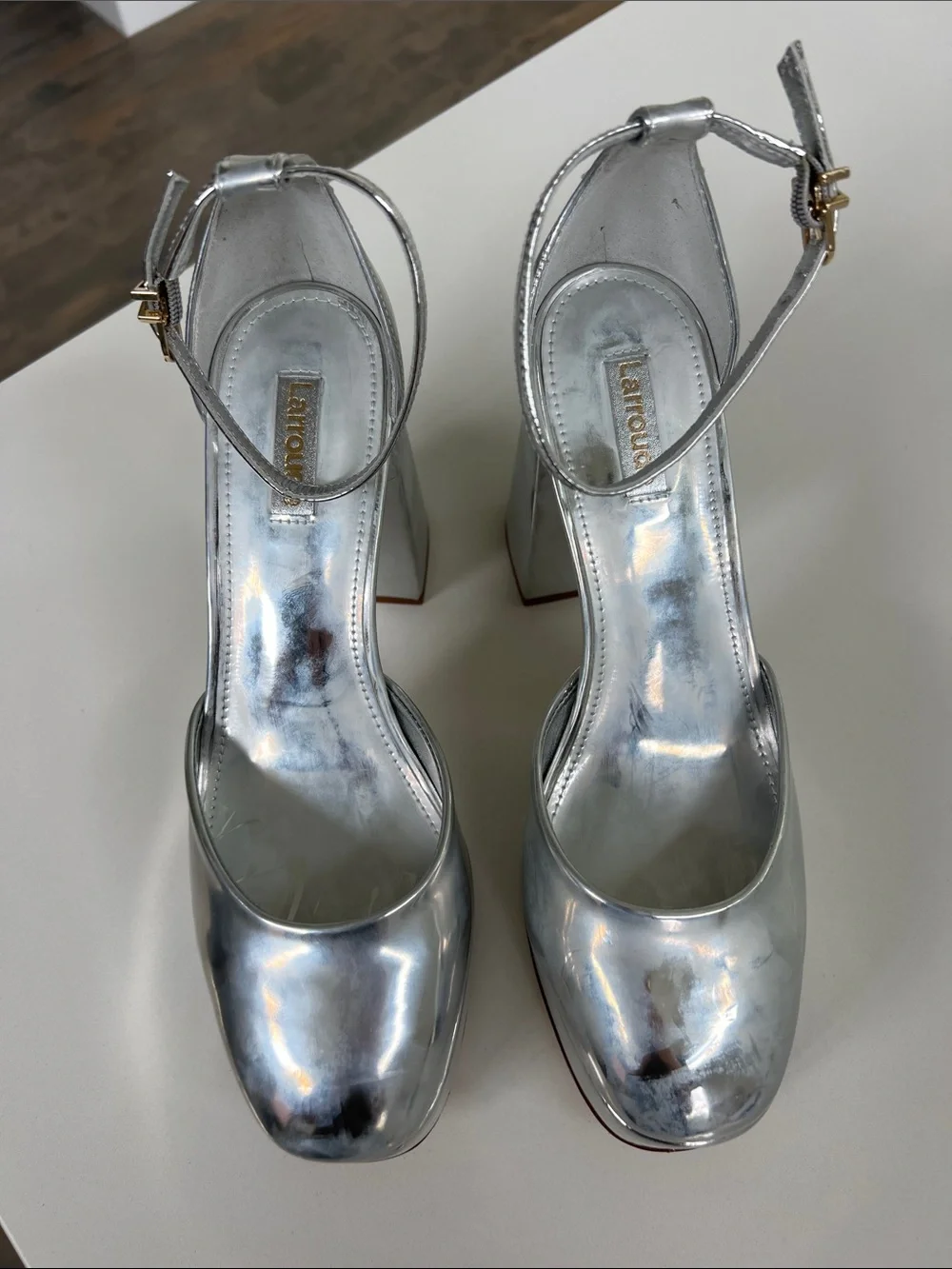Larroude ari mirror silver platform pumps heels size 8